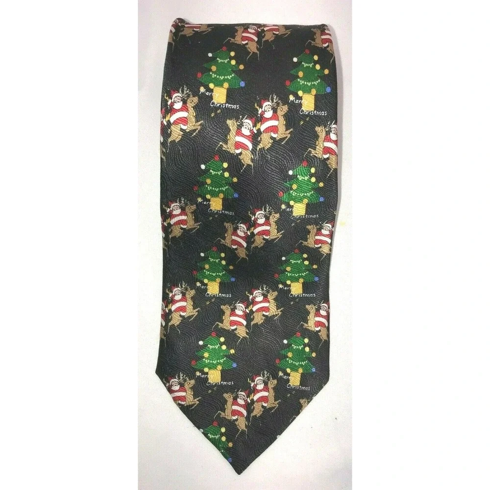 NOS Cape Cod Neckwear Silk Christmas Navy Santa Reindeer Tree Neck Tie 56